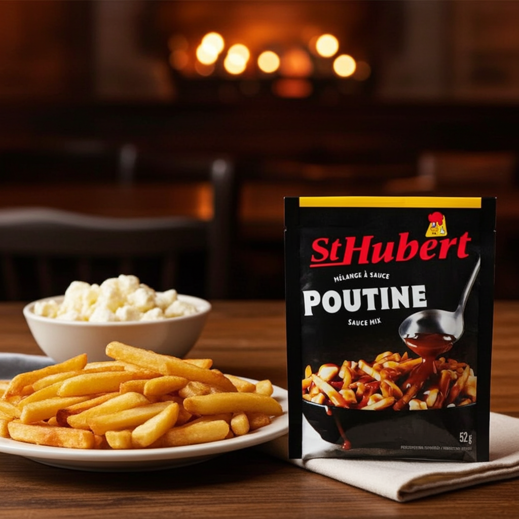 St. Hubert poutine sauce mix package with fries and popcorn on a table in front of a fireplace.