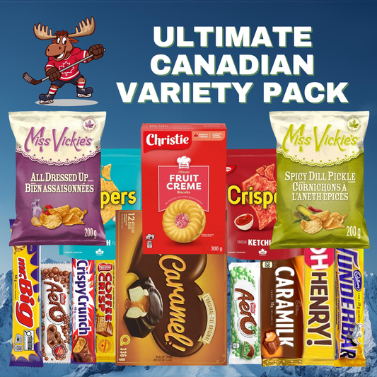 Ultimate Canadian Variety Pack with assorted snacks and candies on a blue background