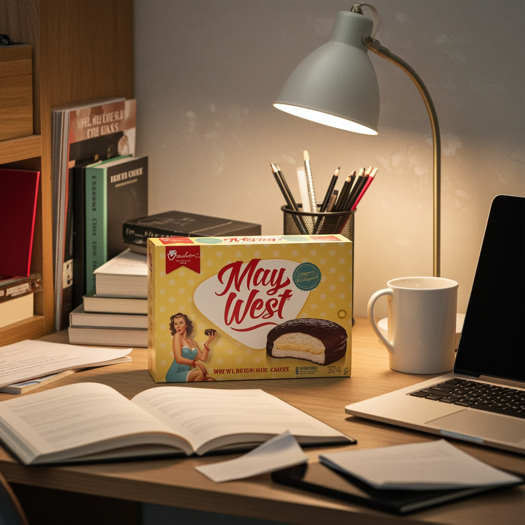 Desk setup with a box of May West cookies, laptop, books, and a lamp.
