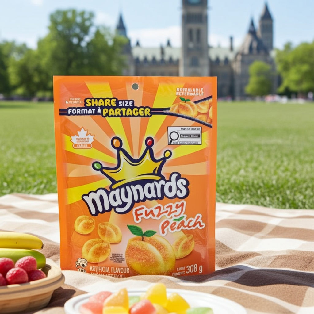 A bag of Maynards Fuzzy Peach share-size snack stands on a picnic blanket outdoors, with a blurred park scene and a large castle-like building in the background. Bowls of fruit are partially visible in the foreground.
