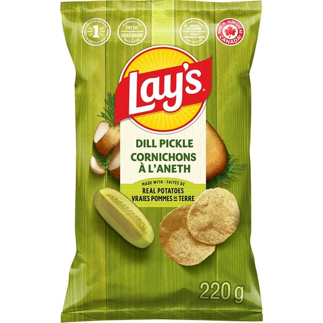 Lay's dill pickle flavored potato chips packaging on a white background
