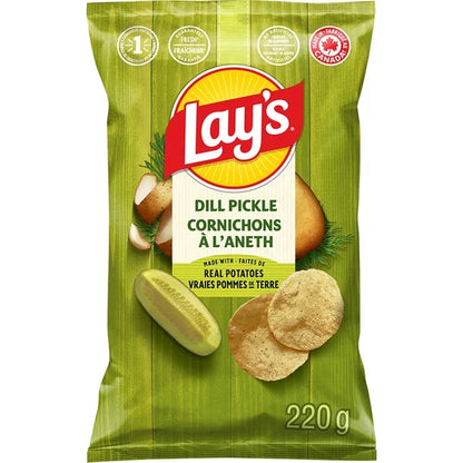Lay's dill pickle flavored potato chips packaging on a white background