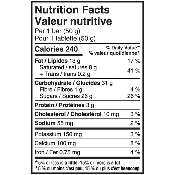 Nutrition facts label for a product, showing calories, fat, carbohydrates, and other nutritional information.