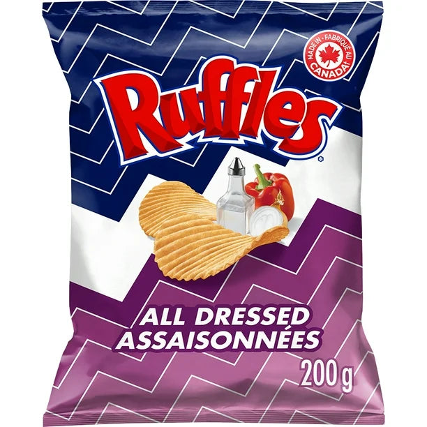 Ruffles potato chips packaging with a purple and blue zigzag pattern