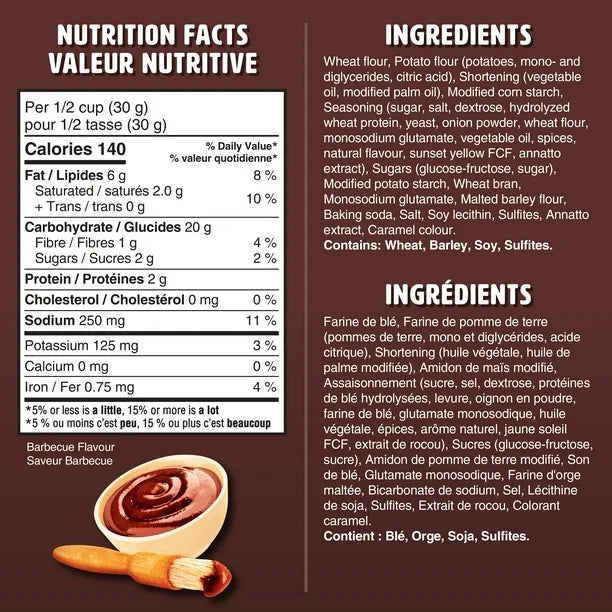 Nutrition facts and ingredients label for a product with barbecue flavor.