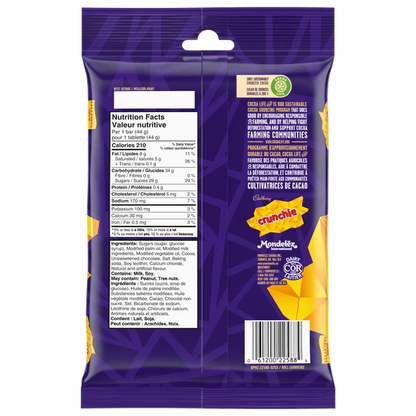 Back view of a purple candy bar package with nutritional information and branding details.