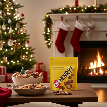 A yellow bag of Of-Henry! Christmas cookies is displayed on a wooden table in a cozy holiday living room setting, with bowls of cookies, a lit fireplace, and a decorated Christmas tree in the background.