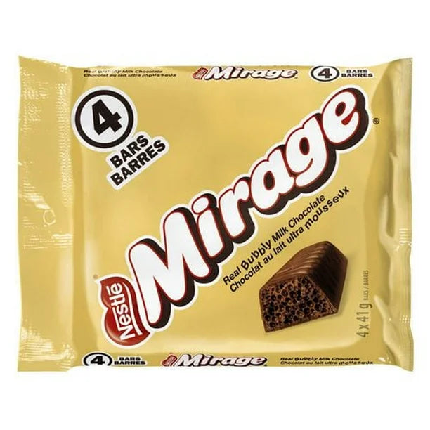 Packaging of Nestle Mirage chocolate bars with yellow background