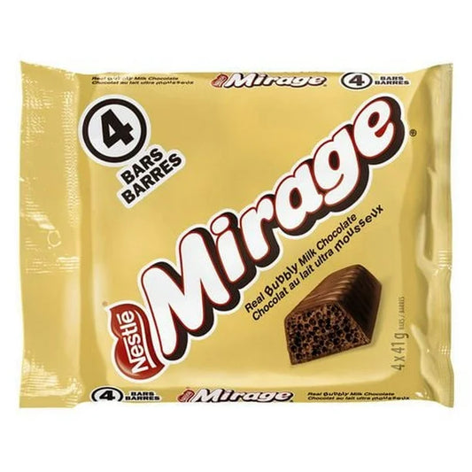 Packaging of Nestle Mirage chocolate bars with yellow background