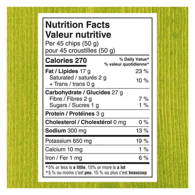 Nutrition facts label for a snack product on a green background