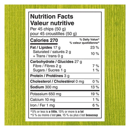 Nutrition facts label for a snack product on a green background