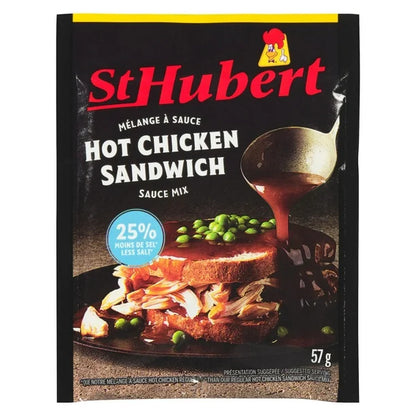 St Hubert Hot Chicken Sandwich sauce mix packaging with a sandwich and peas on a plate.