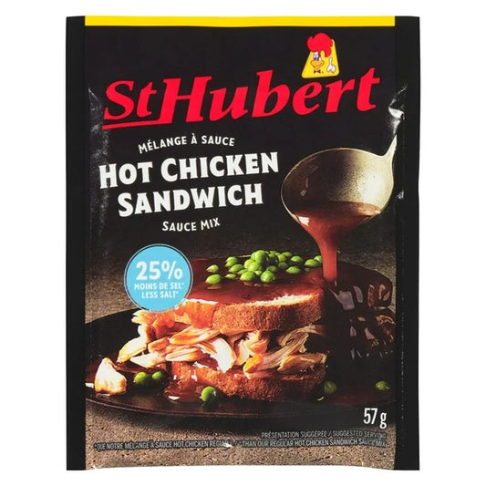St Hubert Hot Chicken Sandwich sauce mix packaging with a sandwich and peas on a plate.
