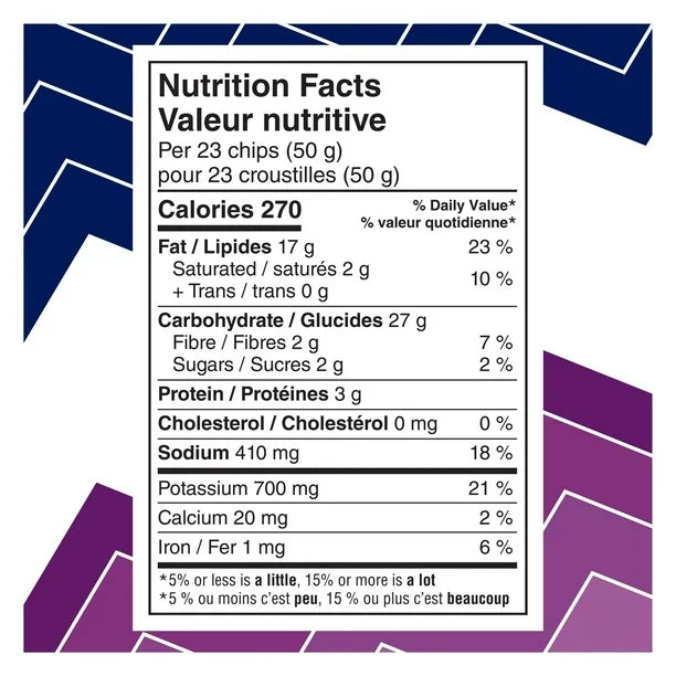 Nutrition facts label for a snack product with blue and purple geometric design