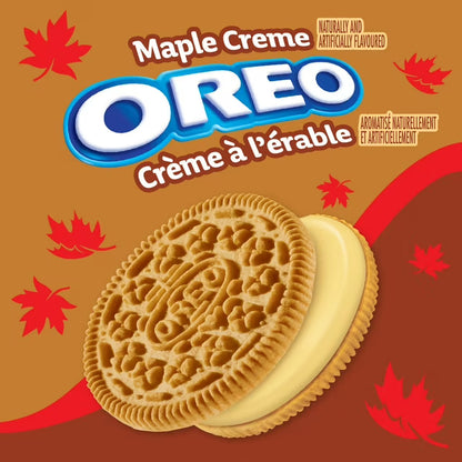 OREO Maple Creme cookie packaging with red maple leaves on a brown background