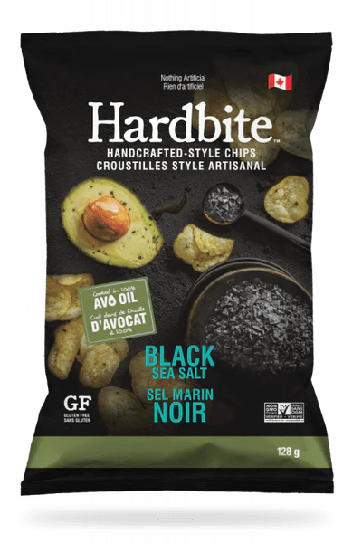 Hardbite black sea salt chips packaging with avocado oil and gluten-free labels.