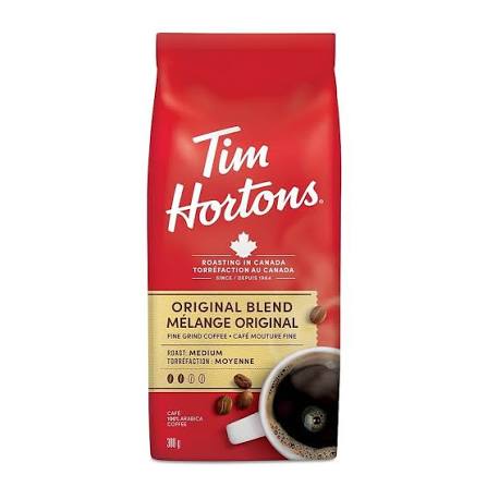 A 350g bag of Tim Hortons Original Blend coffee on a plain white background. The packaging is primarily red with white brand lettering and a beige band near the bottom.