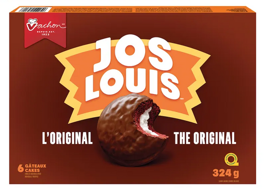 Box of Jos Louis cakes with a bite taken out of one, on a white background