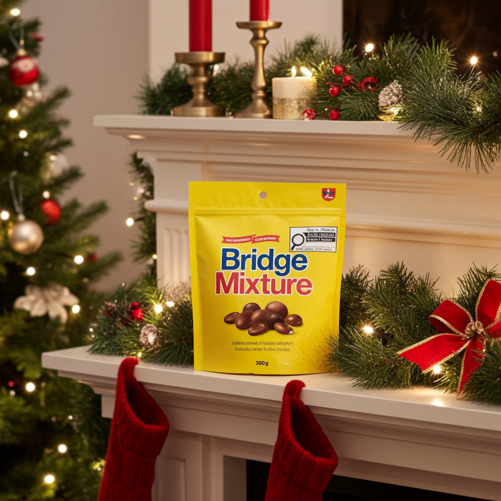 A yellow bag of Bridge Mixture chocolate mixtures sits on a white Christmas mantel decorated with green pine garlands, red stockings, candles, and a lit Christmas tree in the background.