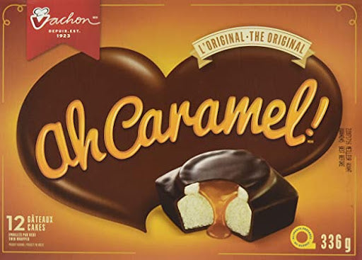 Box of Vachon 'ah Caramel!' chocolate candies with a caramel filling on an orange background.
